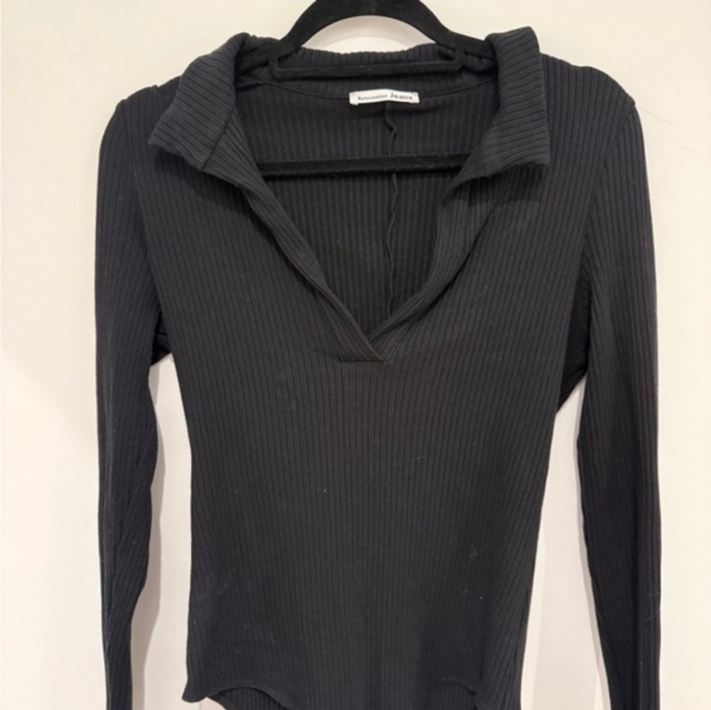 Reformation Black Polo Collar Fitted Bodysuit Size Large Long Sleeve - Picture 2 of 3